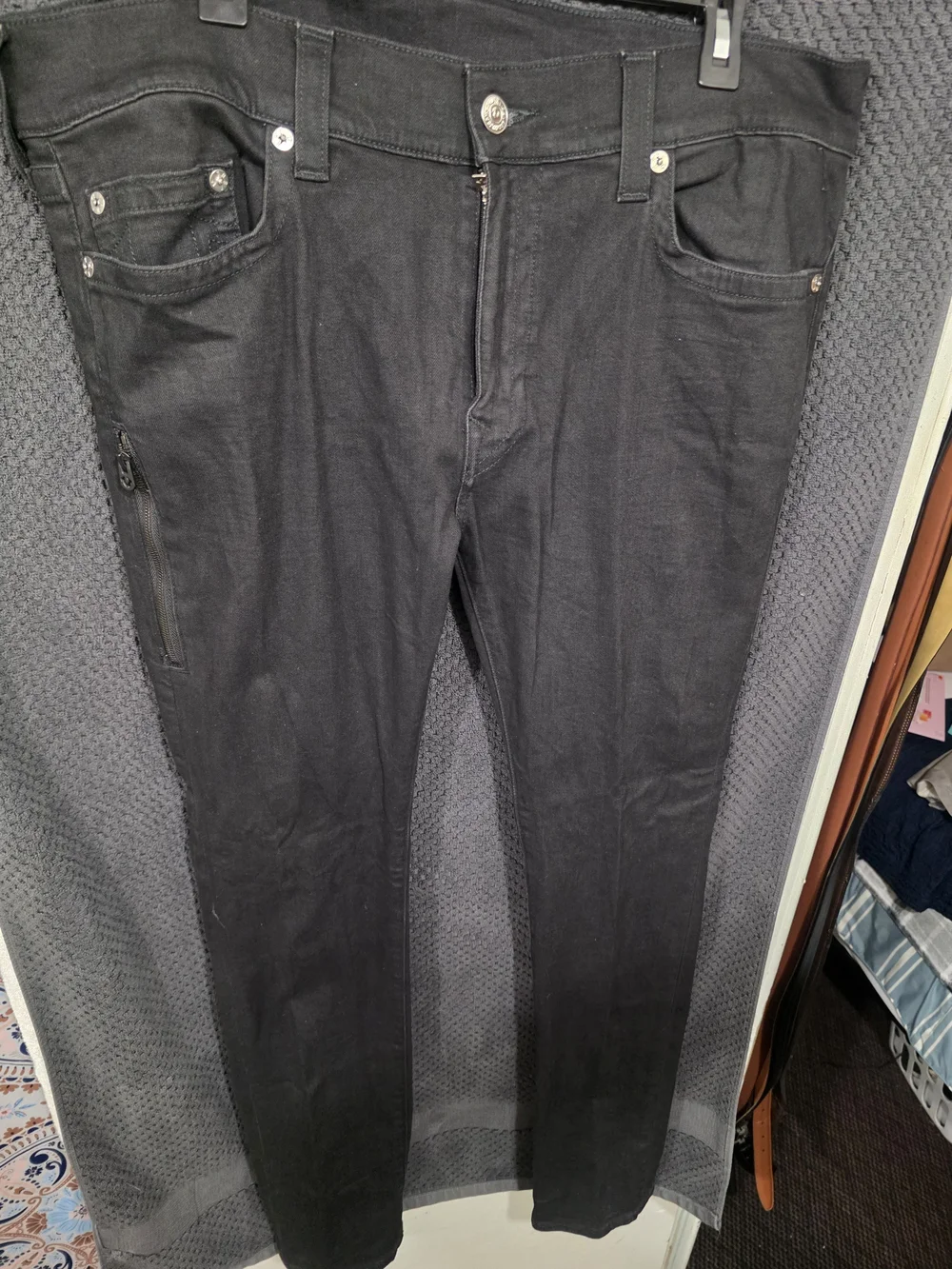 True Religion Black Denim Jeans with Leather Patch